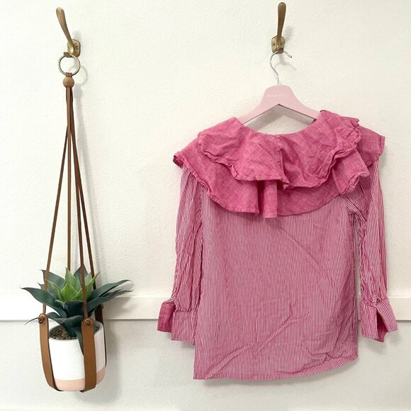 Buru Pink Stripe Long Sleeve Ruffle Collar Top Size S - Picture 4 of 4